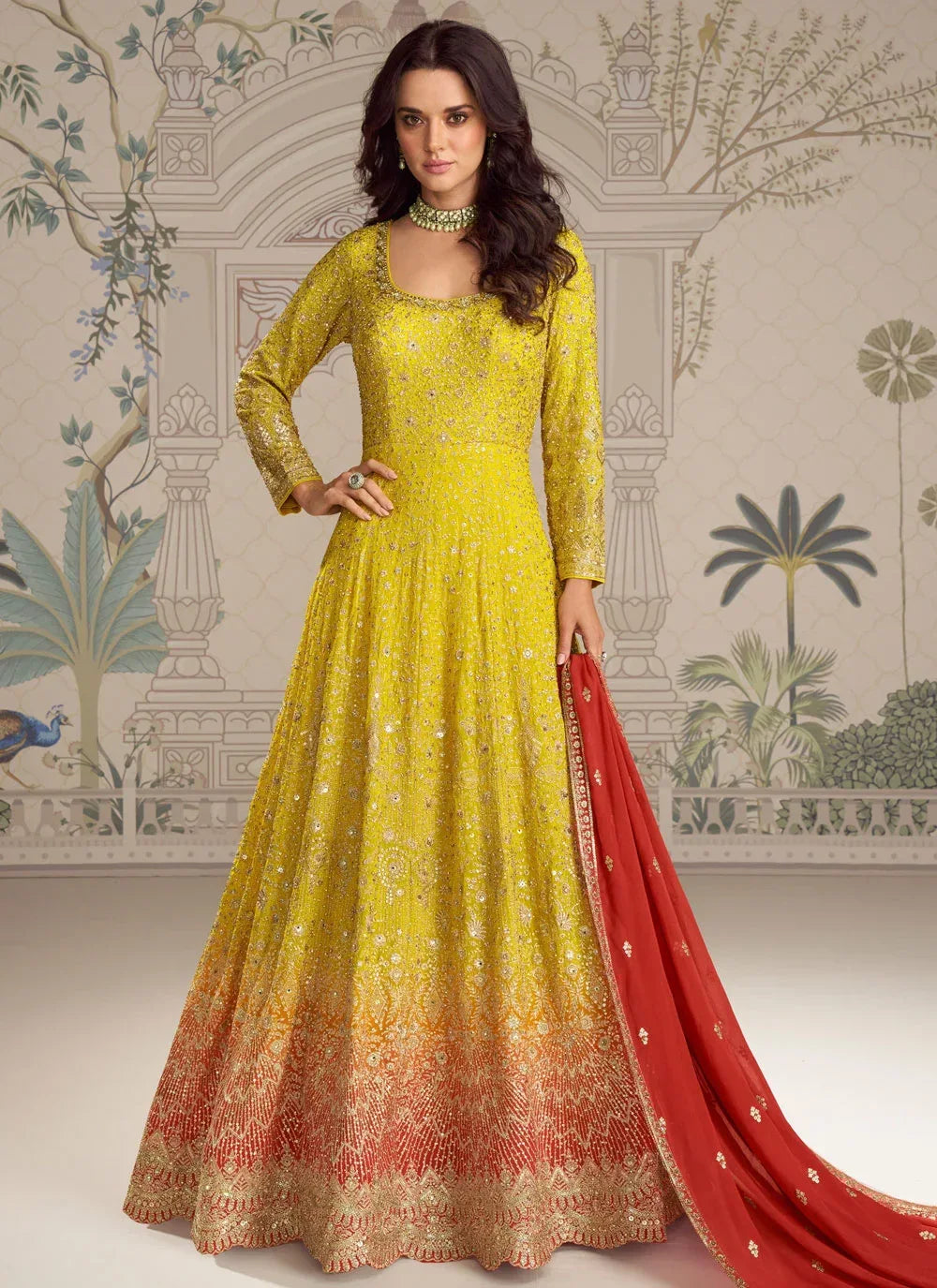 Nayoora Luxe Yellow & Orange Ombre Embroidered Georgette Gown Set - Nayoora