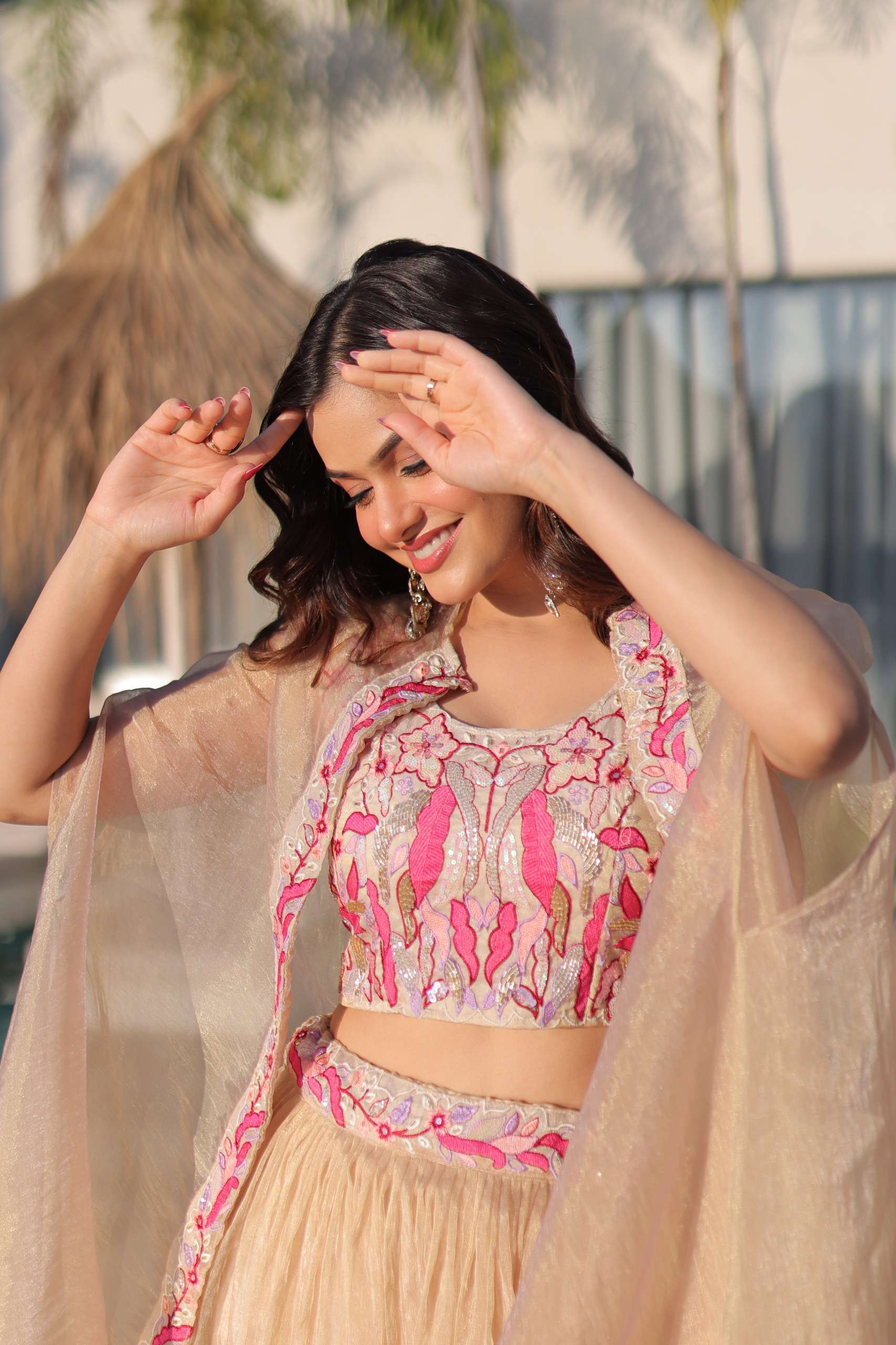 Nayoora Cream Sindur Silk Shrug Lehenga Set