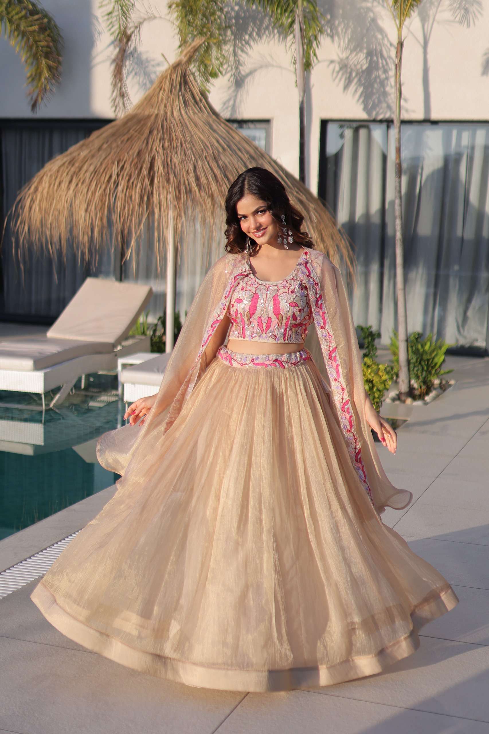 Nayoora Cream Sindur Silk Shrug Lehenga Set