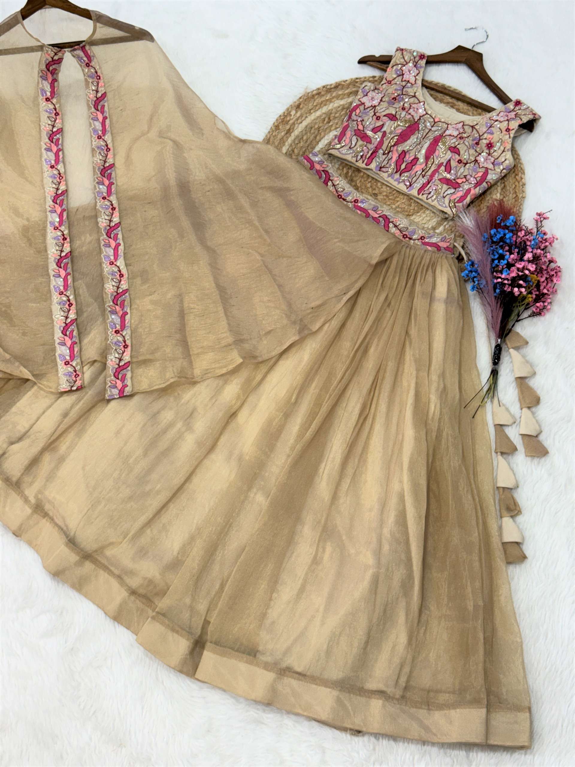 Nayoora Cream Sindur Silk Shrug Lehenga Set