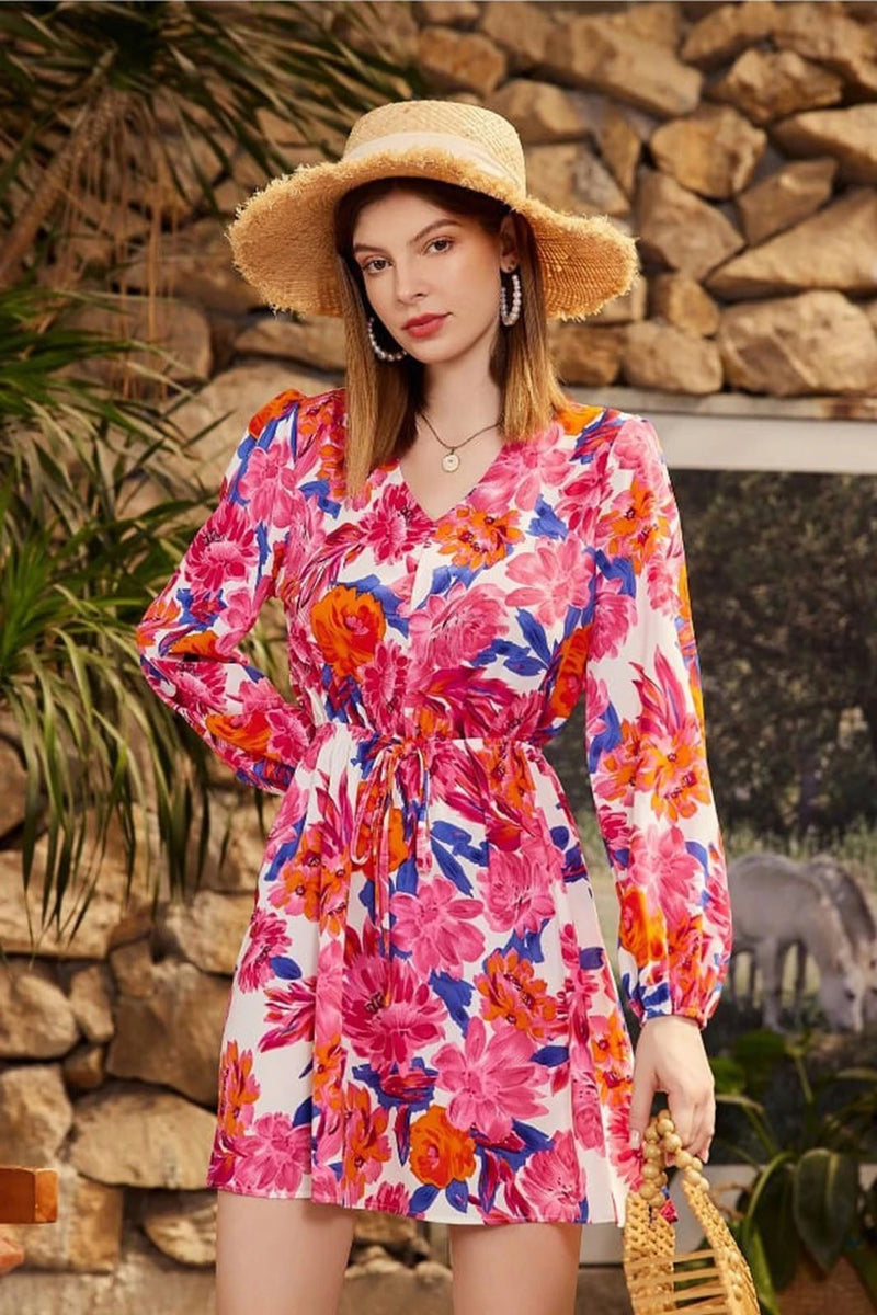 Nayoora Pink Floral Printed Heavy Crepe Midi Dress with Full Sleeves