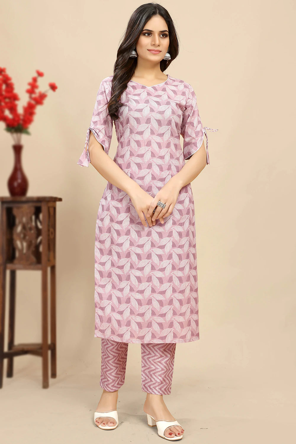 Nayoora Lavender Printed Cotton Kurta Pant Set