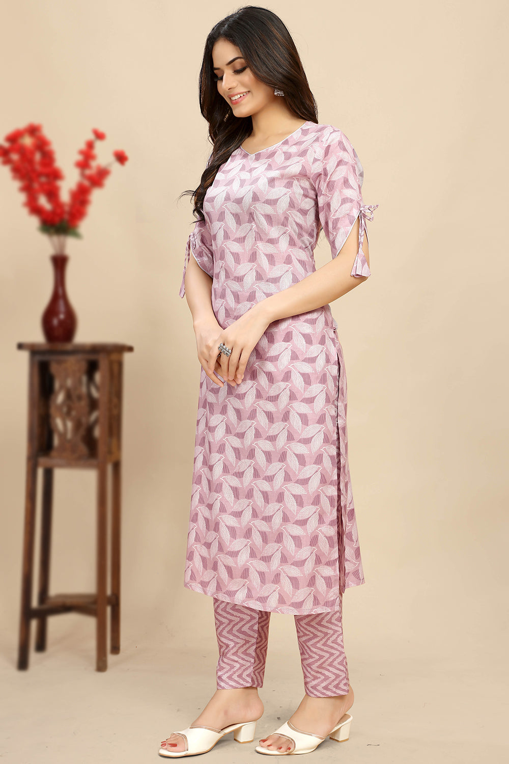 Nayoora Lavender Printed Cotton Kurta Pant Set