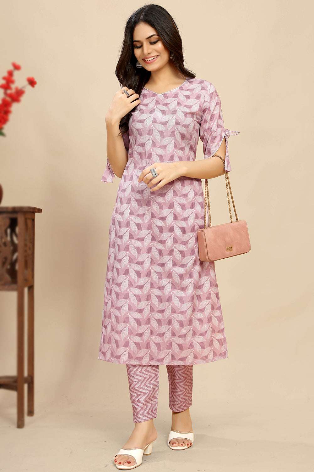 Nayoora Lavender Printed Cotton Kurta Pant Set
