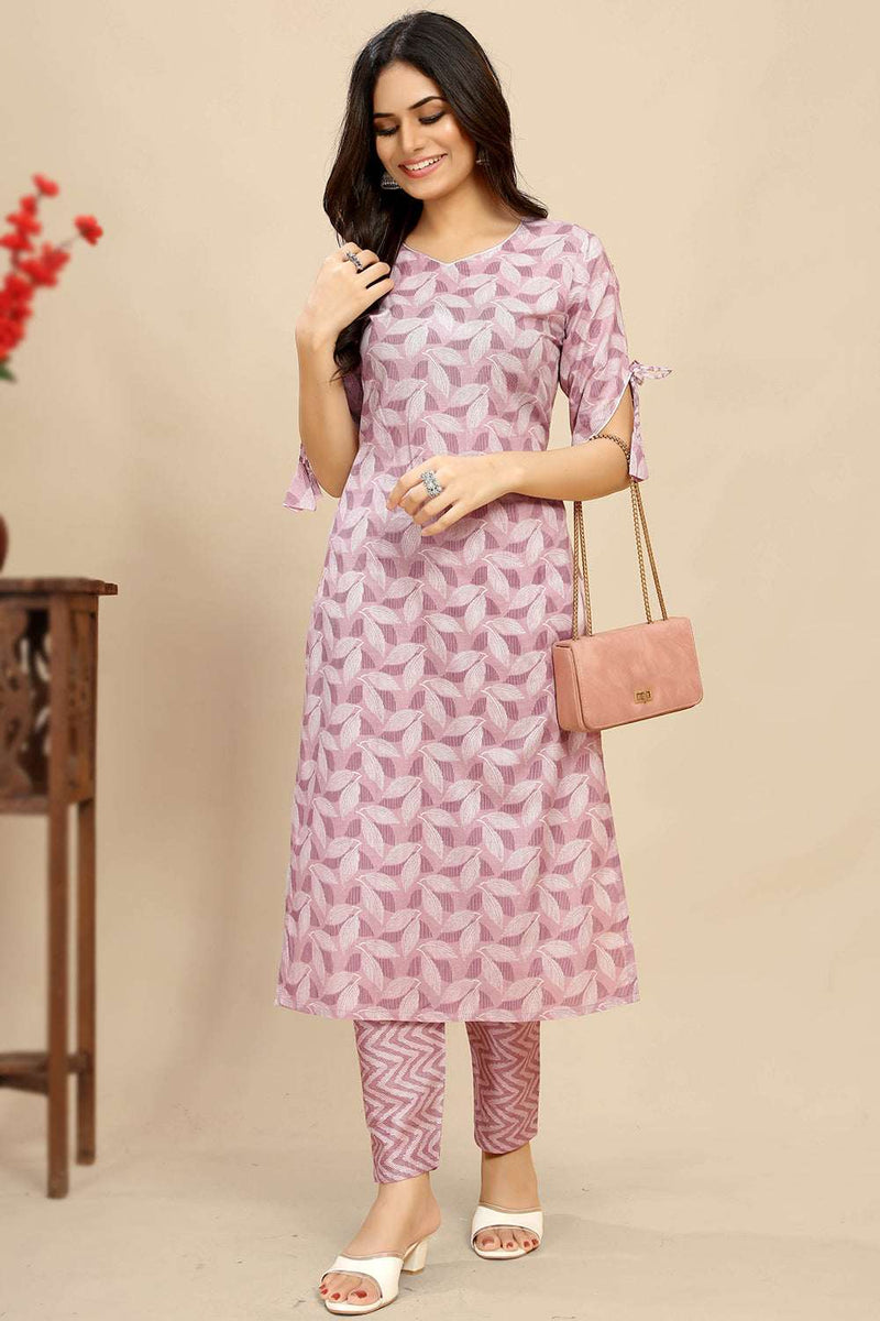 Lavender printed cotton kurta set with matching pants, round neckline and side ties