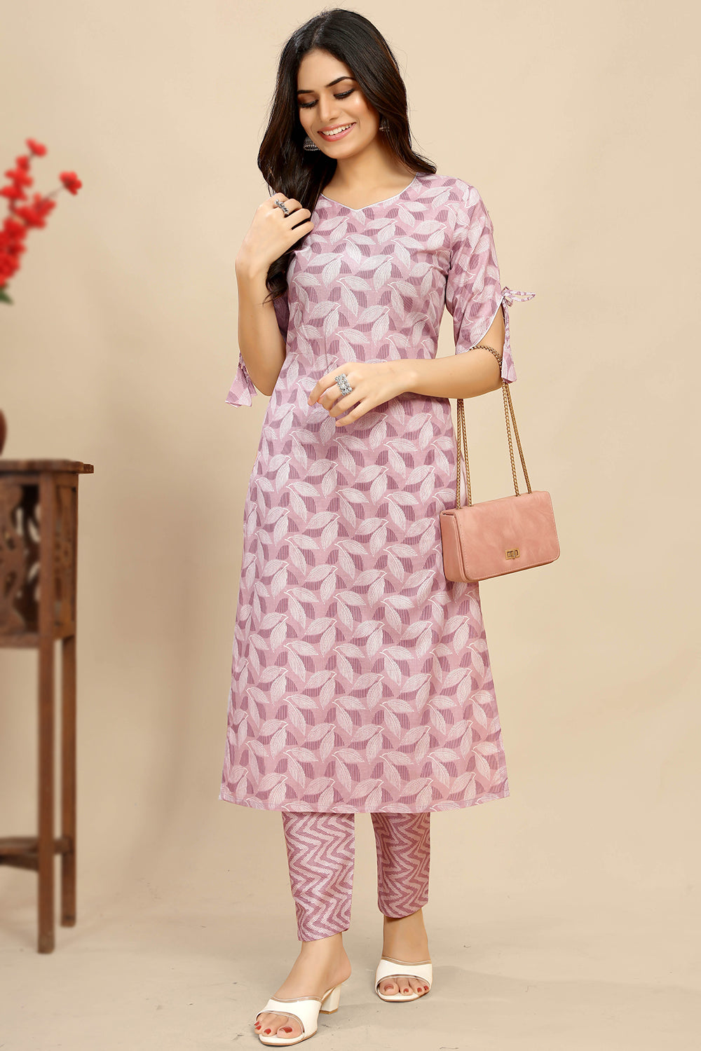 Nayoora Lavender Printed Cotton Kurta Pant Set