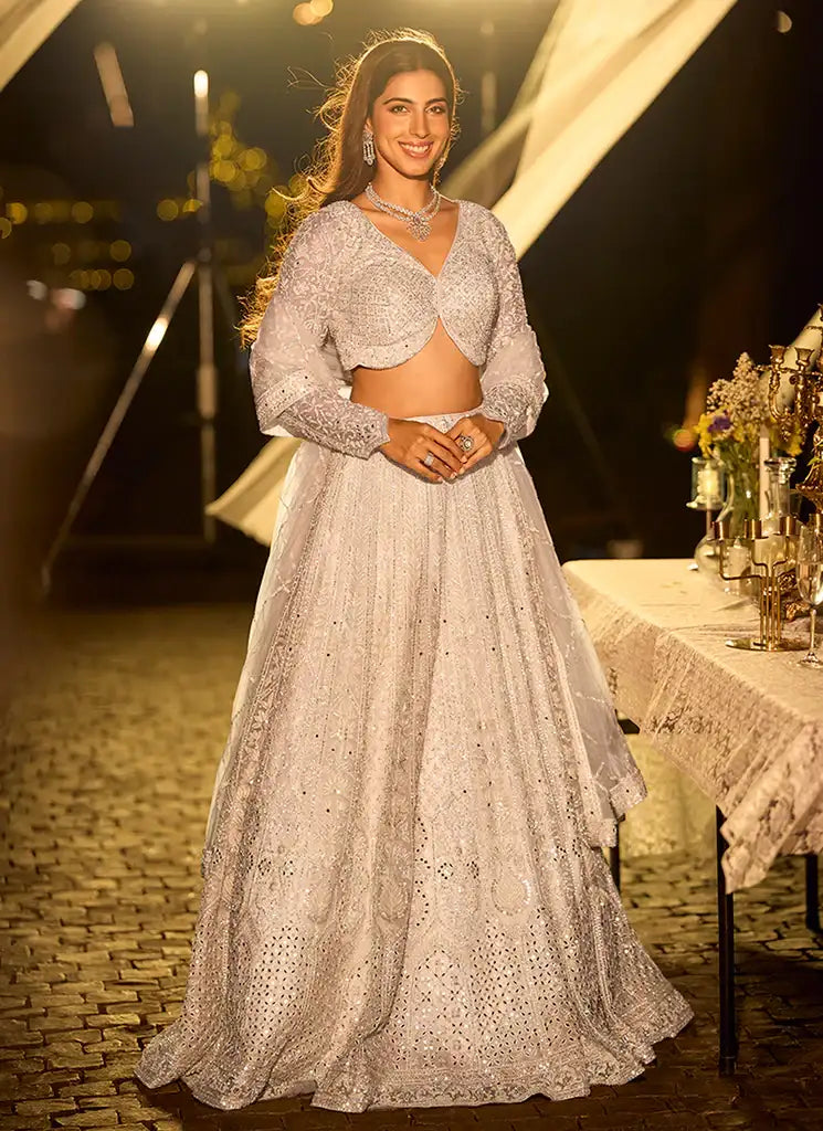 Nayoora Riyaasat Silver Swarovski Net Lehenga