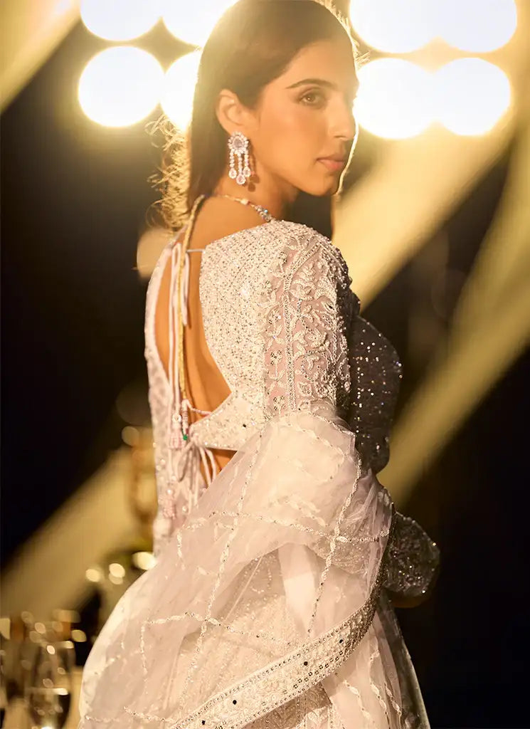 Nayoora Riyaasat Silver Swarovski Net Lehenga