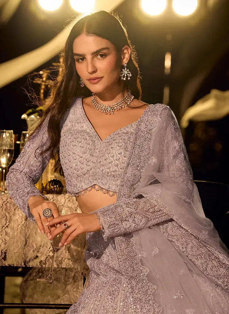 Lilac embellished net lehenga with V-neck blouse and silver-toned detailed skirt