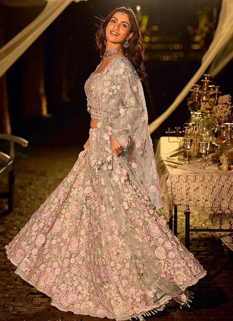 Nayoora Riyaasat Mint Swarovski Net Lehenga