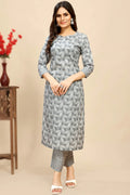 Nayoora Slate Grey Printed Cotton Kurta Pant Set