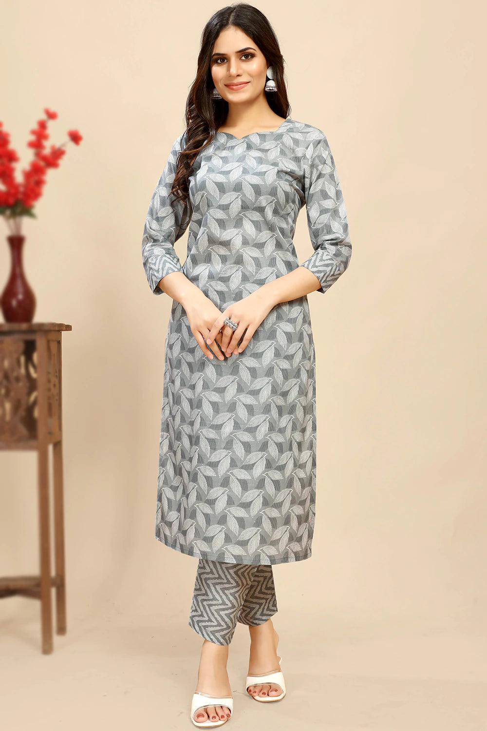 Nayoora Slate Grey Printed Cotton Kurta Pant Set