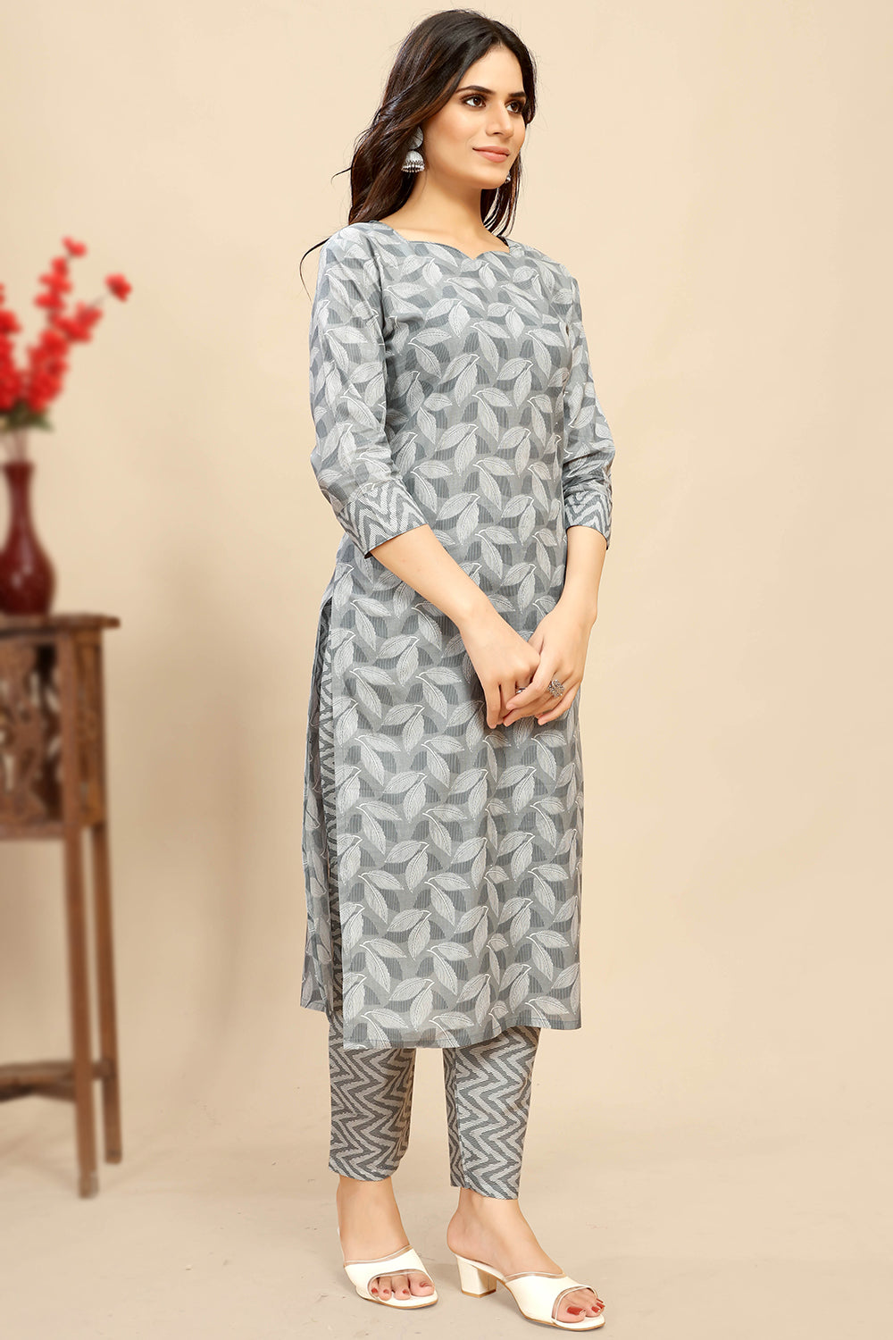 Nayoora Slate Grey Printed Cotton Kurta Pant Set