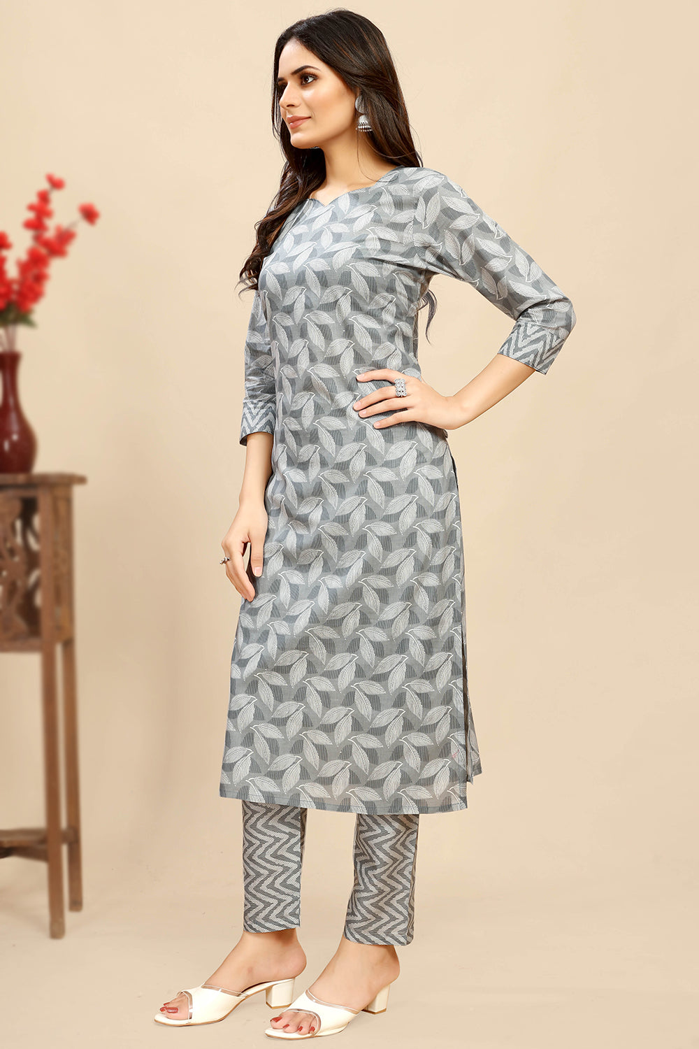 Nayoora Slate Grey Printed Cotton Kurta Pant Set