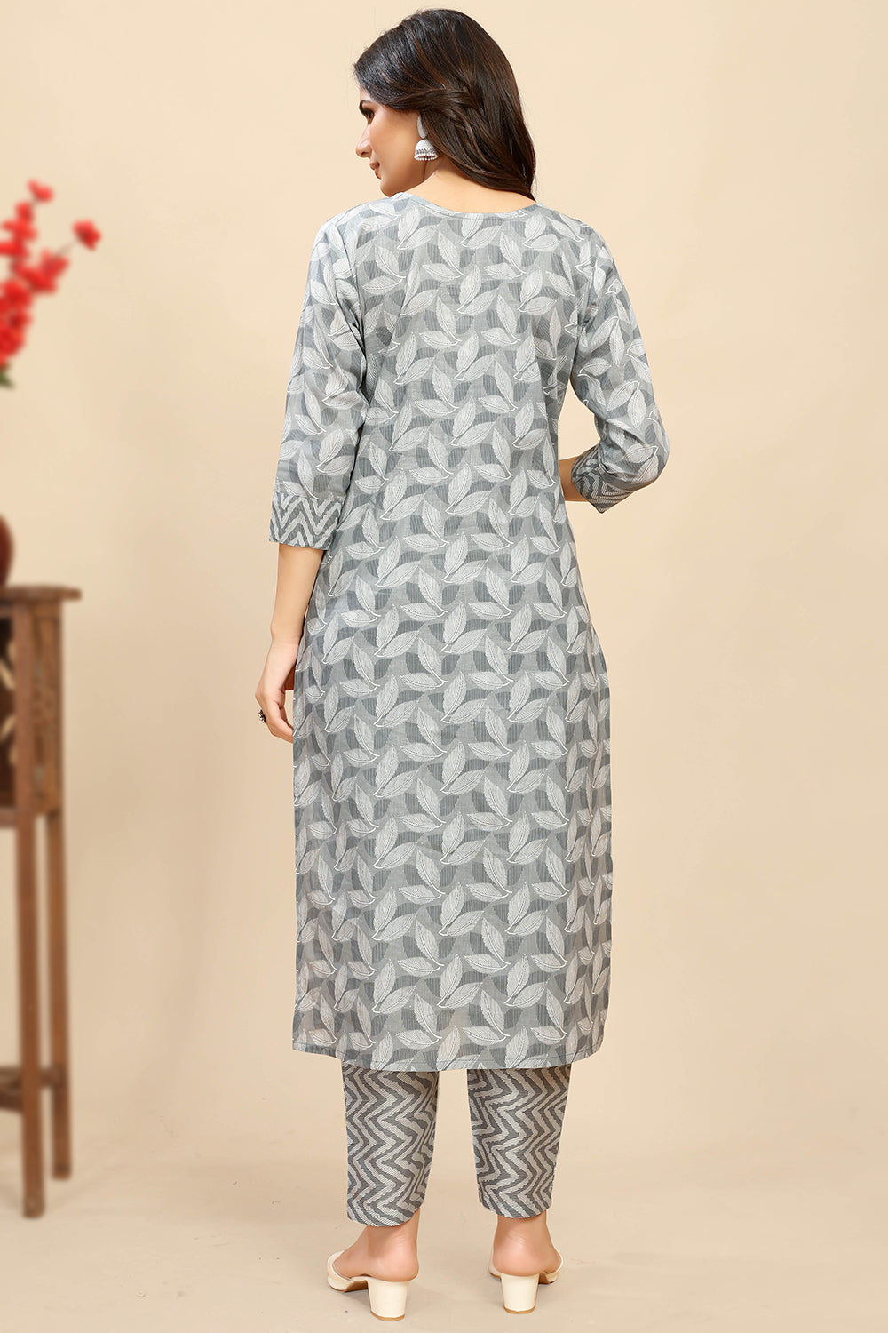 Nayoora Slate Grey Printed Cotton Kurta Pant Set