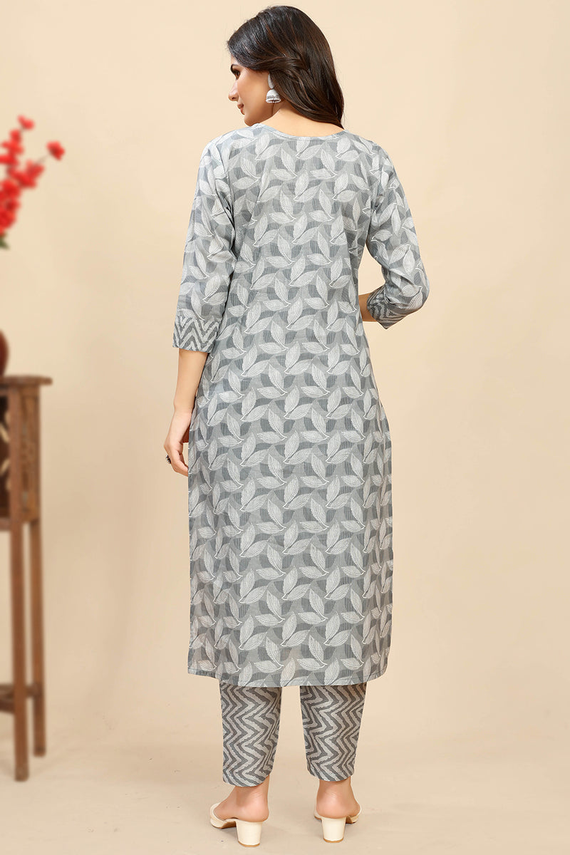 Slate grey leaf-printed cotton kurta with matching patterned pants, back view