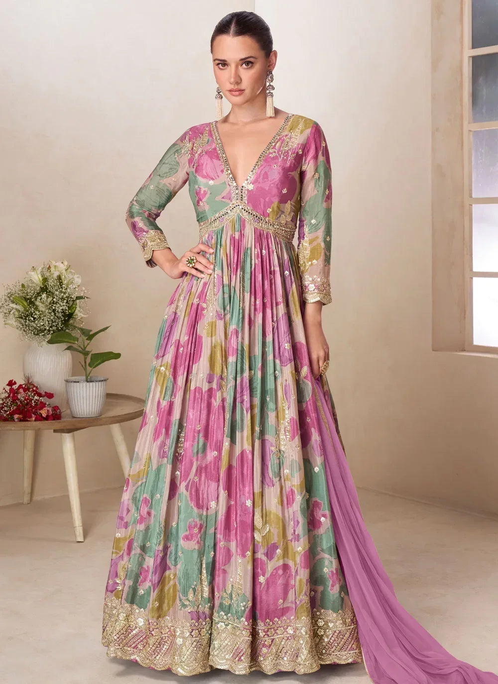 Nayoora Luxe Mauve Green Floral Chinon Embroidered Gown Set - Nayoora