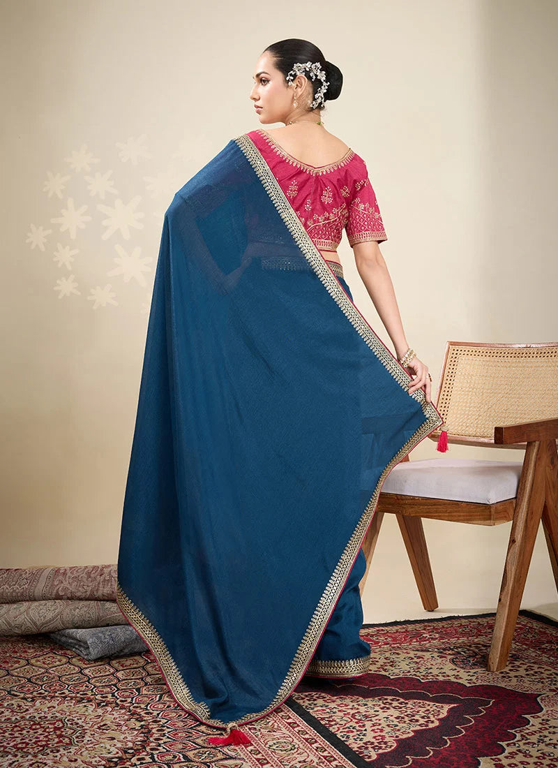 Nayoora Navy Blue Vichitra Silk Embroidered Zari Saree with Rani Pink Blouse