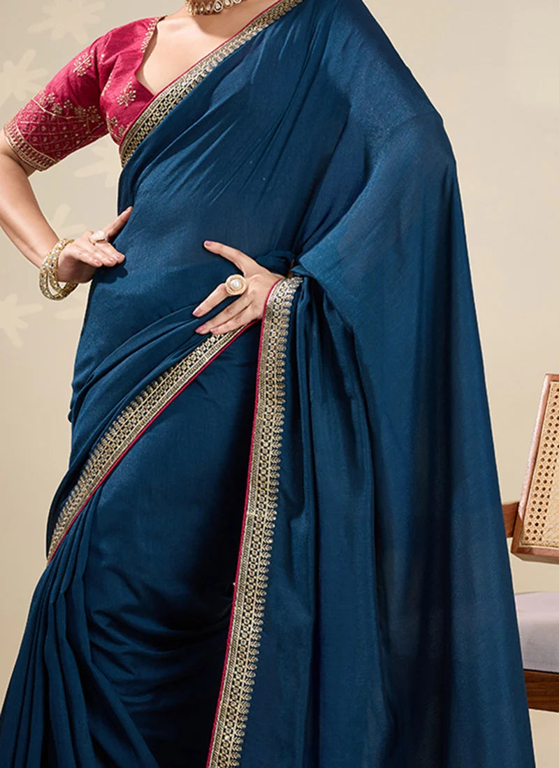 Nayoora Navy Blue Vichitra Silk Embroidered Zari Saree with Rani Pink Blouse