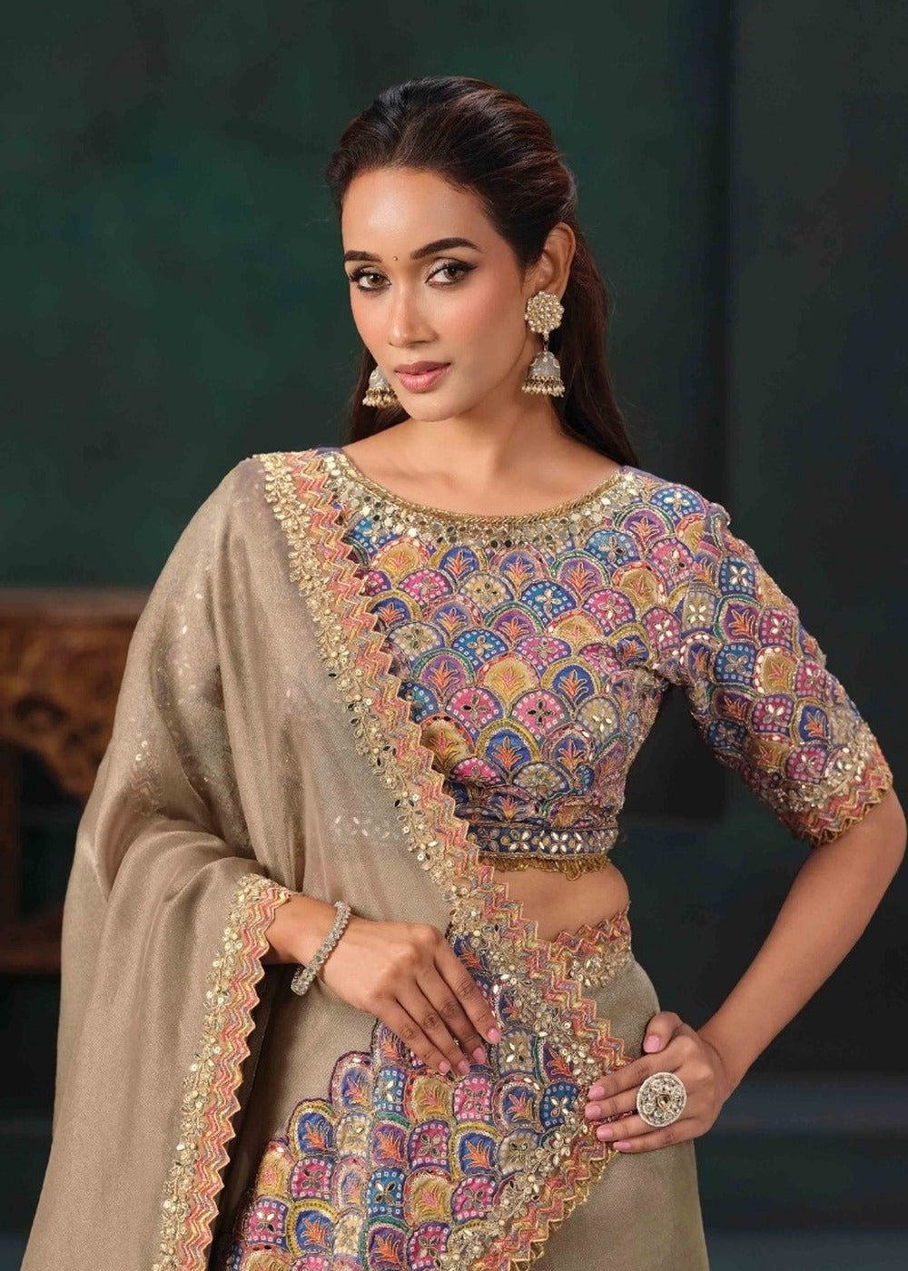 Nayoora Beige Gold Jute Tissue Silk Saree with Embroidered Blouse