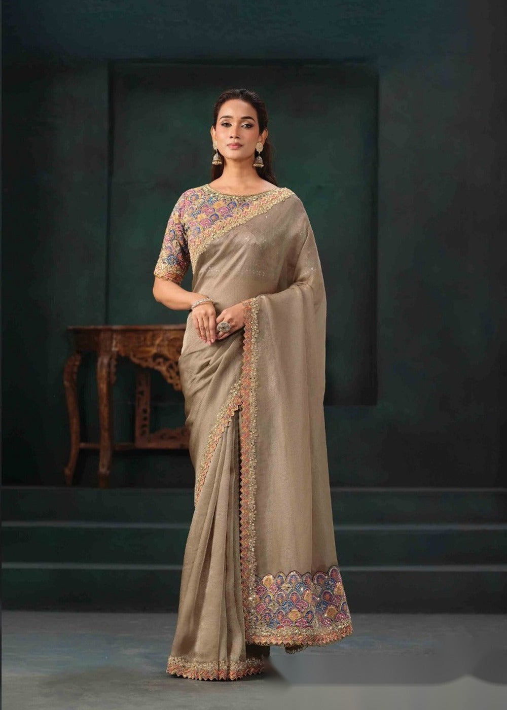 Nayoora Beige Gold Jute Tissue Silk Saree with Embroidered Blouse