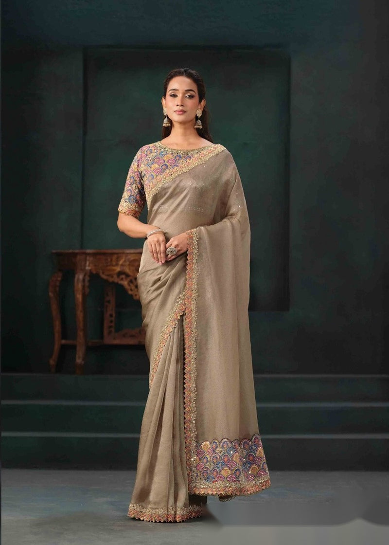Nayoora Beige Gold Jute Tissue Silk Saree with Embroidered Blouse