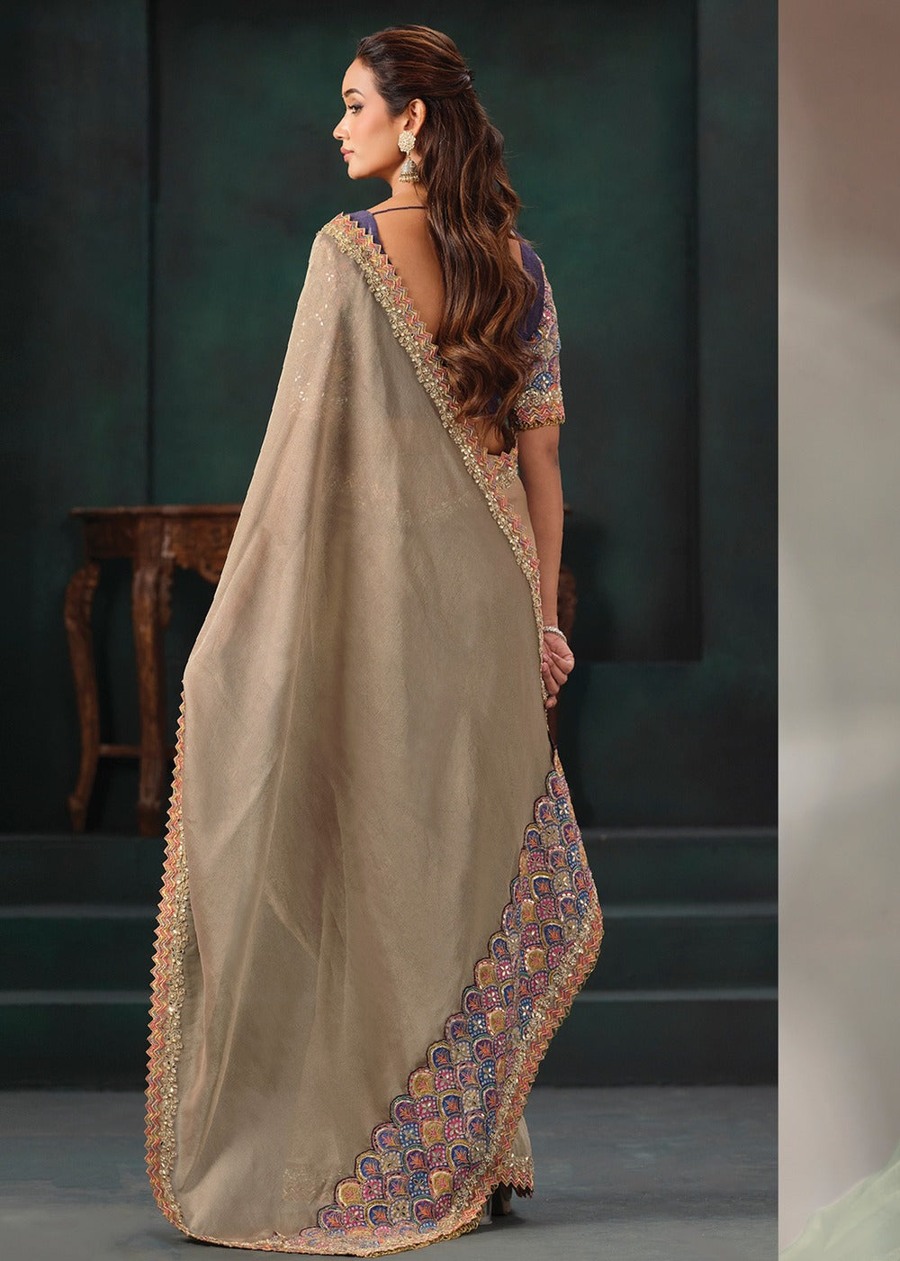 Nayoora Beige Gold Jute Tissue Silk Saree with Embroidered Blouse