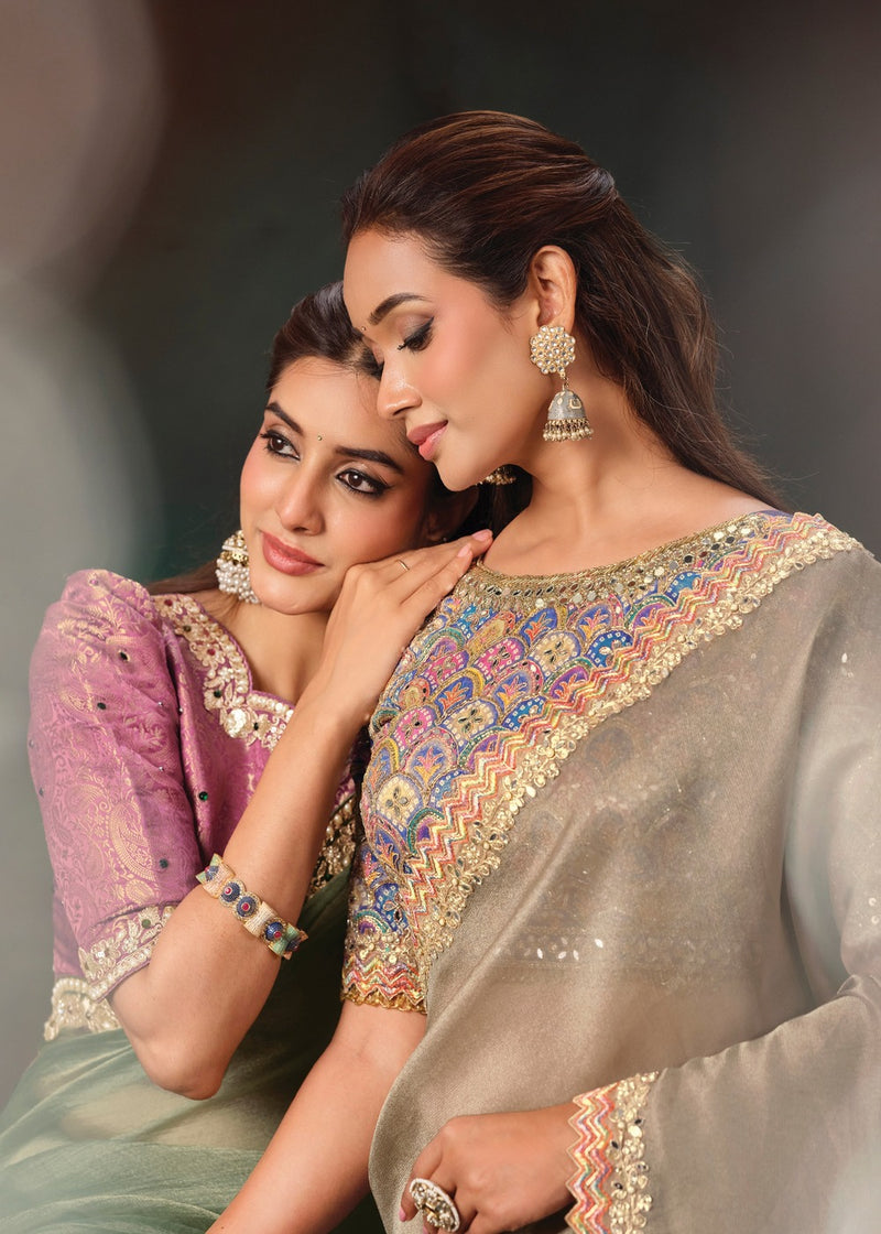 Nayoora Beige Gold Jute Tissue Silk Saree with Embroidered Blouse