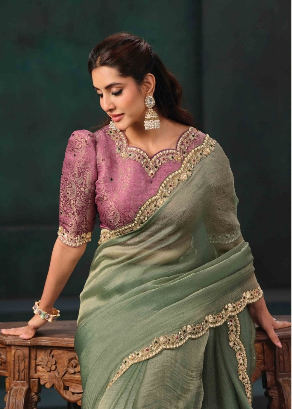 Nayoora Sage Green Organza Satin Saree with Embroidered Blouse