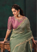 Nayoora Sage Green Organza Satin Saree with Embroidered Blouse