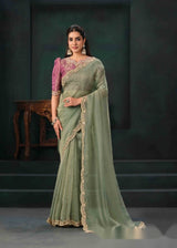 Nayoora Sage Green Organza Satin Saree with Embroidered Blouse