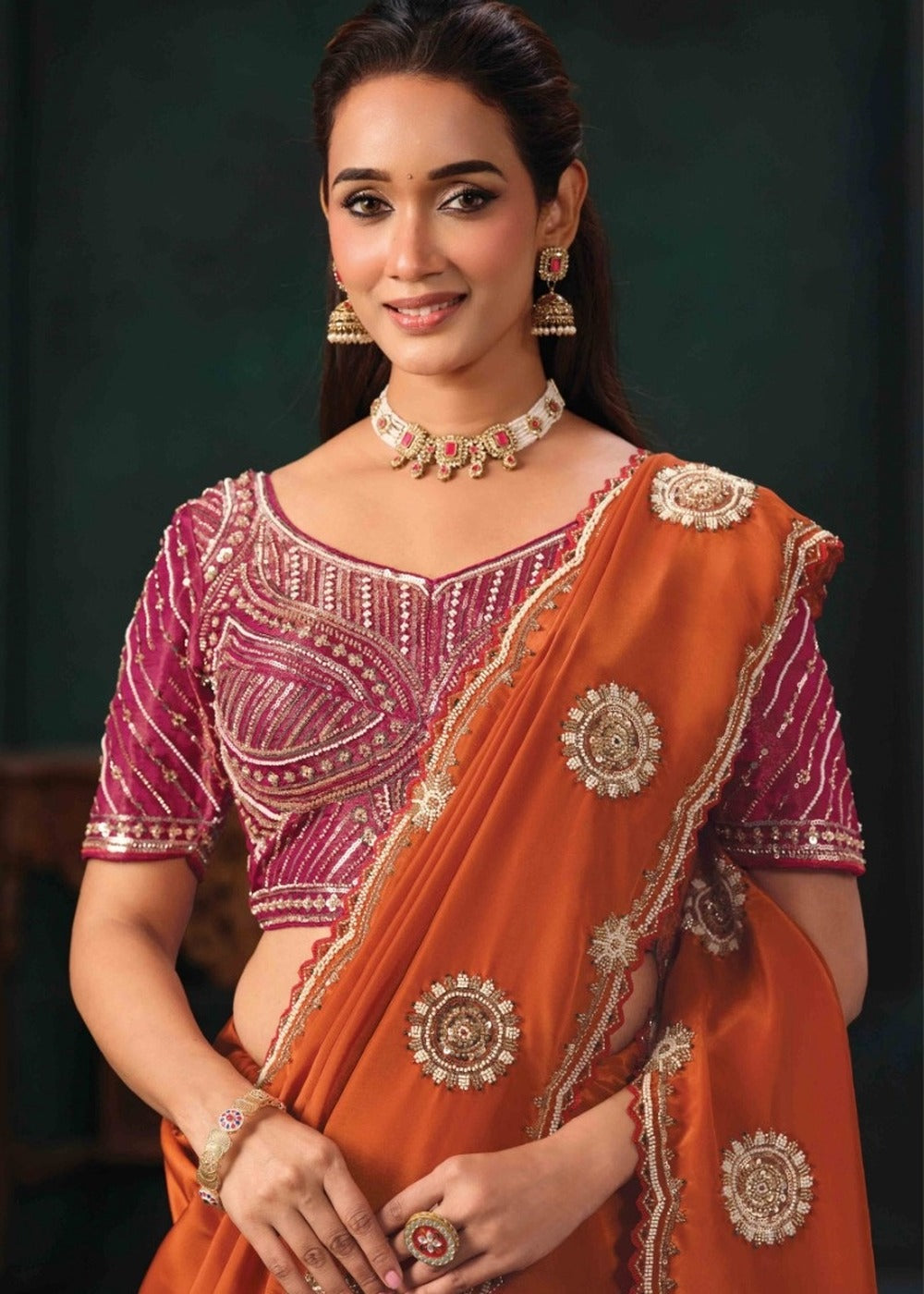 Nayoora Rust Orange Pure Crepe Satin Saree with Embroidered Blouse