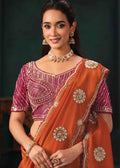 Nayoora Rust Orange Pure Crepe Satin Saree with Embroidered Blouse