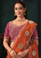 Nayoora Rust Orange Pure Crepe Satin Saree with Embroidered Blouse