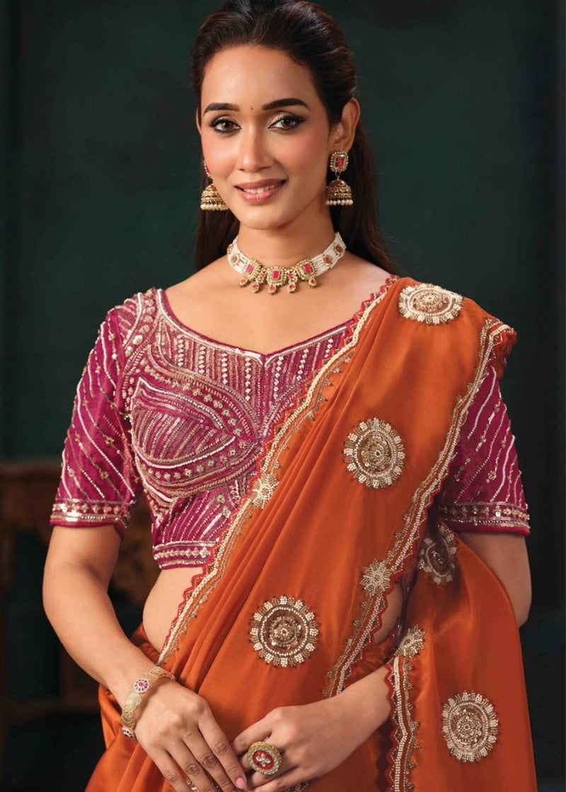 Nayoora Rust Orange Pure Crepe Satin Saree with Embroidered Blouse