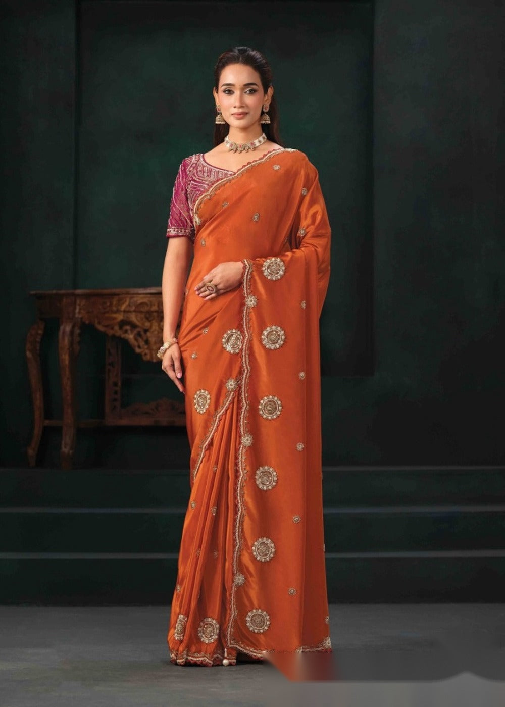 Nayoora Rust Orange Pure Crepe Satin Saree with Embroidered Blouse