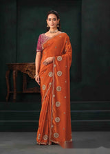 Nayoora Rust Orange Pure Crepe Satin Saree with Embroidered Blouse