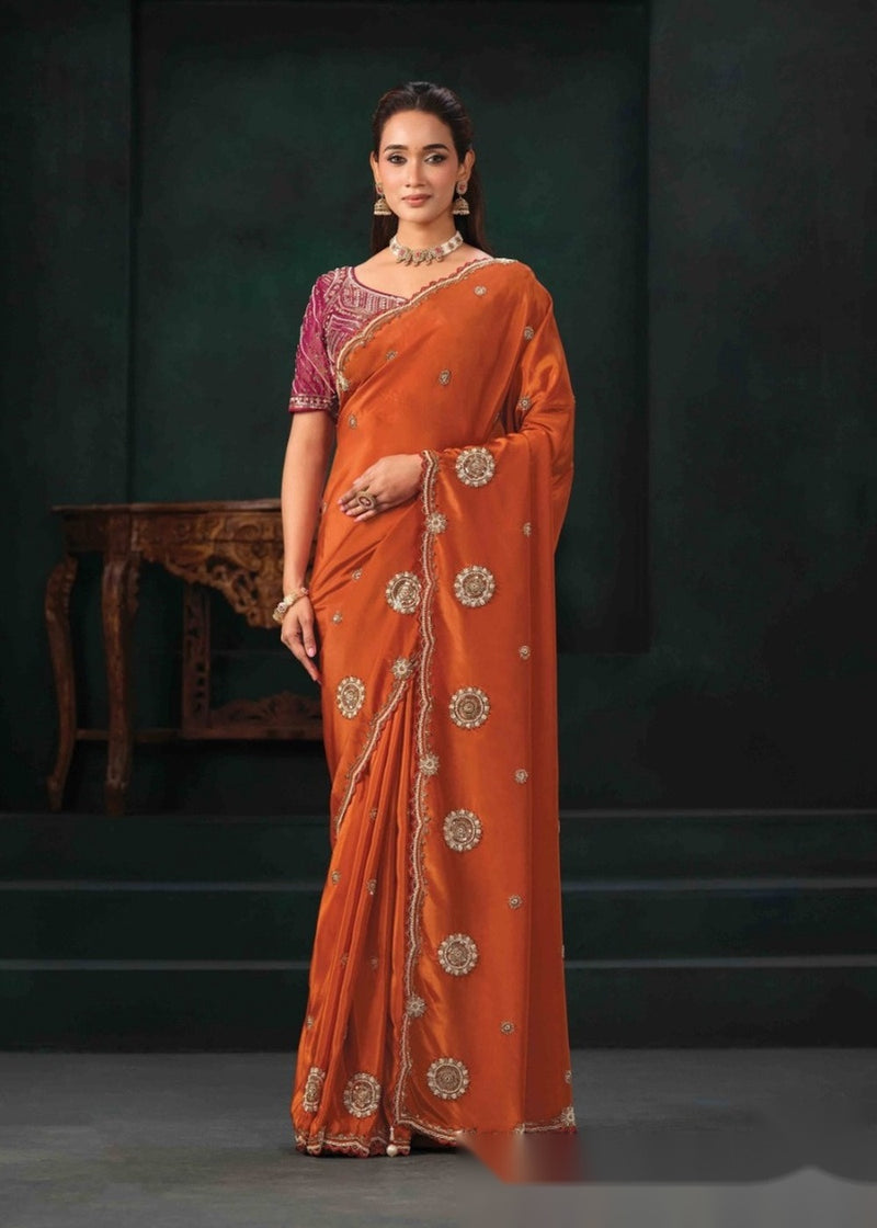 Nayoora Rust Orange Pure Crepe Satin Saree with Embroidered Blouse