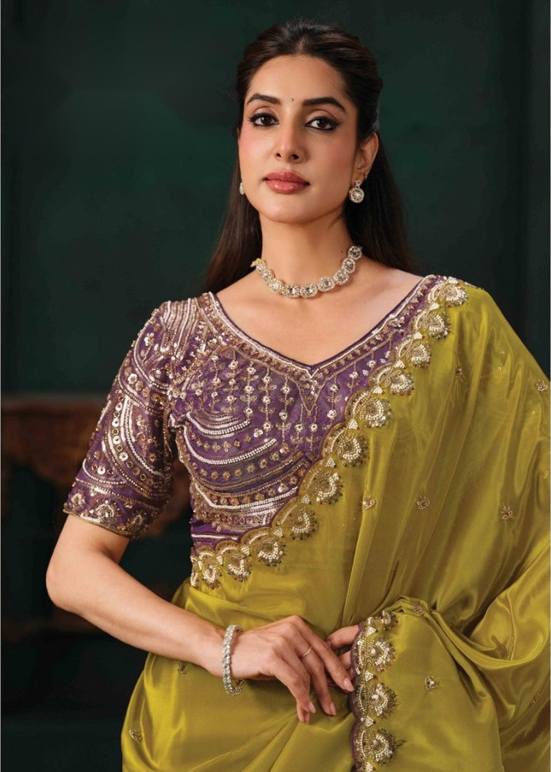 Nayoora Olive Mustard Pure Crepe Satin Saree with Embroidered Blouse