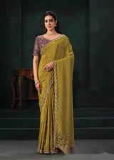 Nayoora Olive Mustard Pure Crepe Satin Saree with Embroidered Blouse