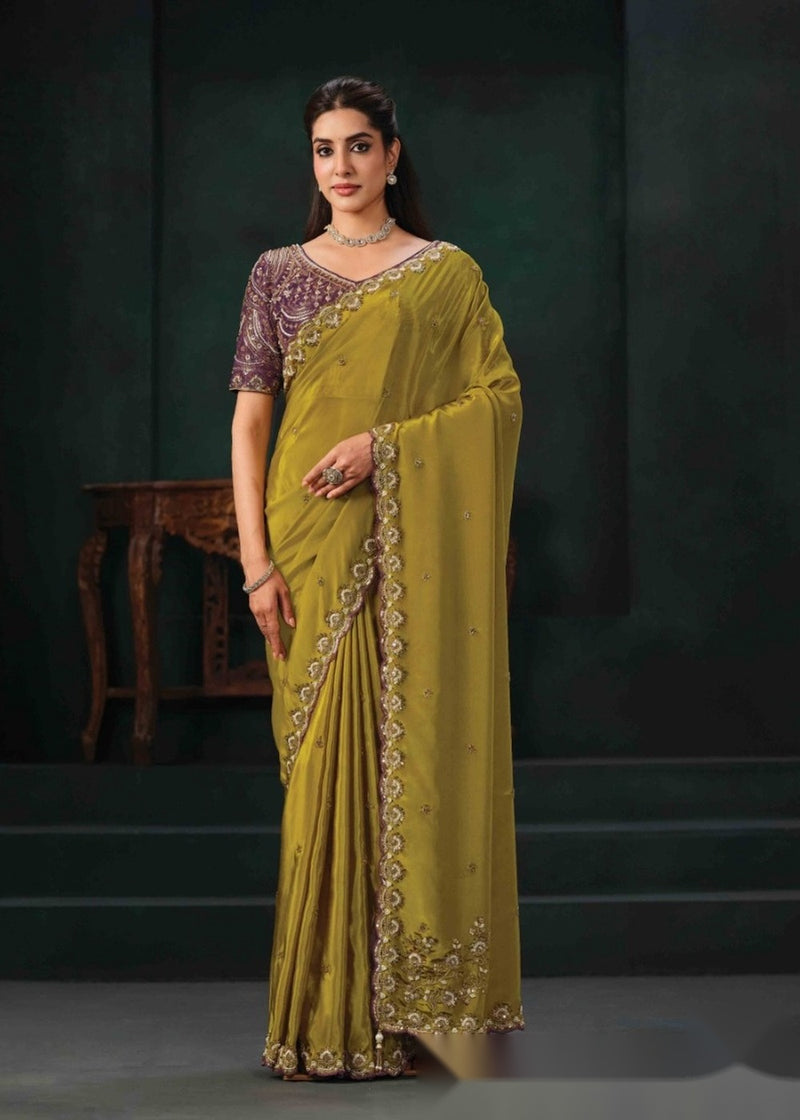 Nayoora Olive Mustard Pure Crepe Satin Saree with Embroidered Blouse