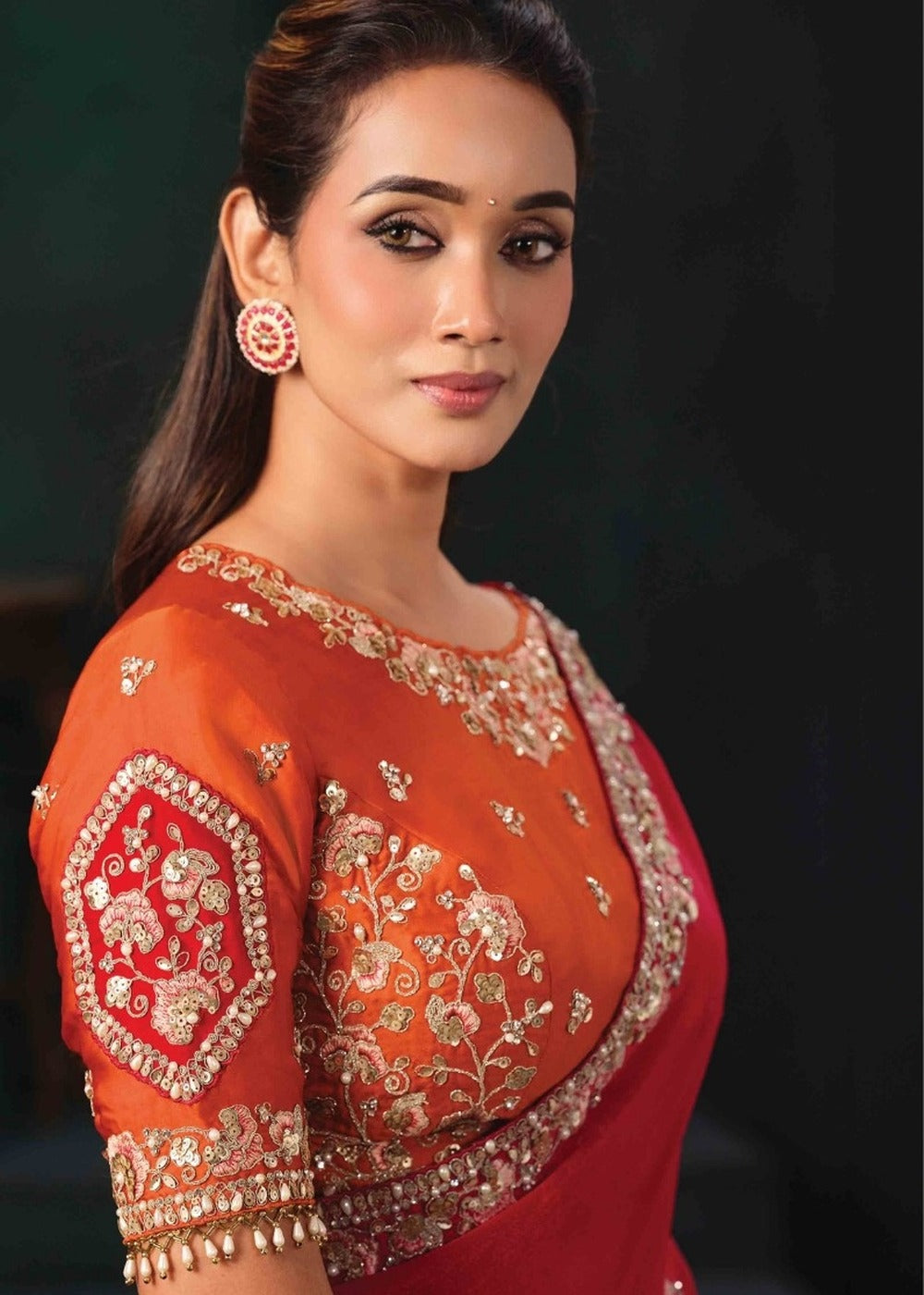 Nayoora Red Lustrous Satin Silk Saree with Embroidered Blouse