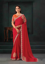 Nayoora Red Lustrous Satin Silk Saree with Embroidered Blouse