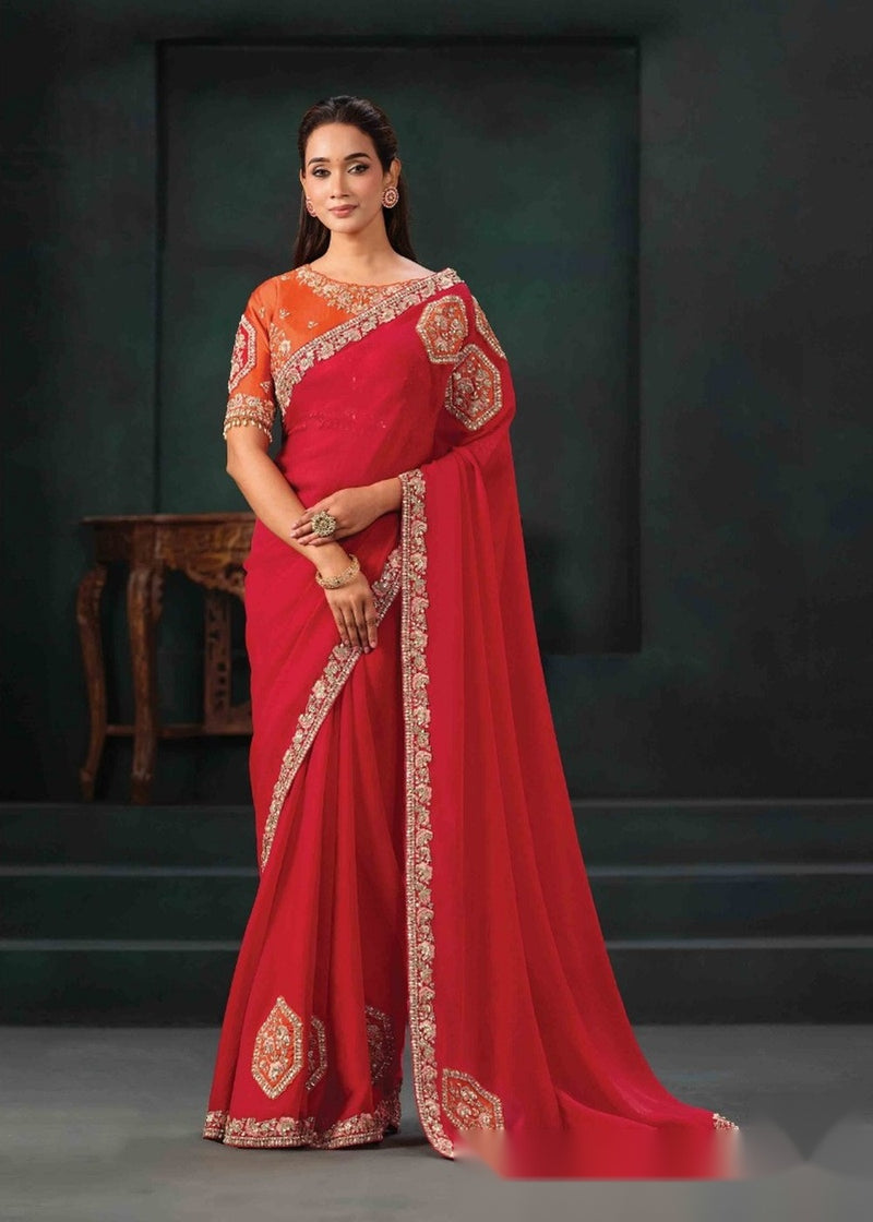 Nayoora Red Lustrous Satin Silk Saree with Embroidered Blouse