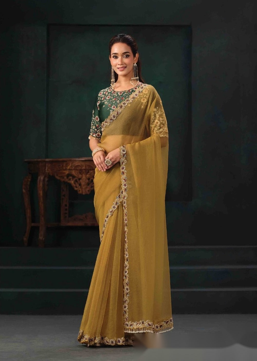 Nayoora Golden Mustard Zari Organza Satin Saree with Embroidered Blouse