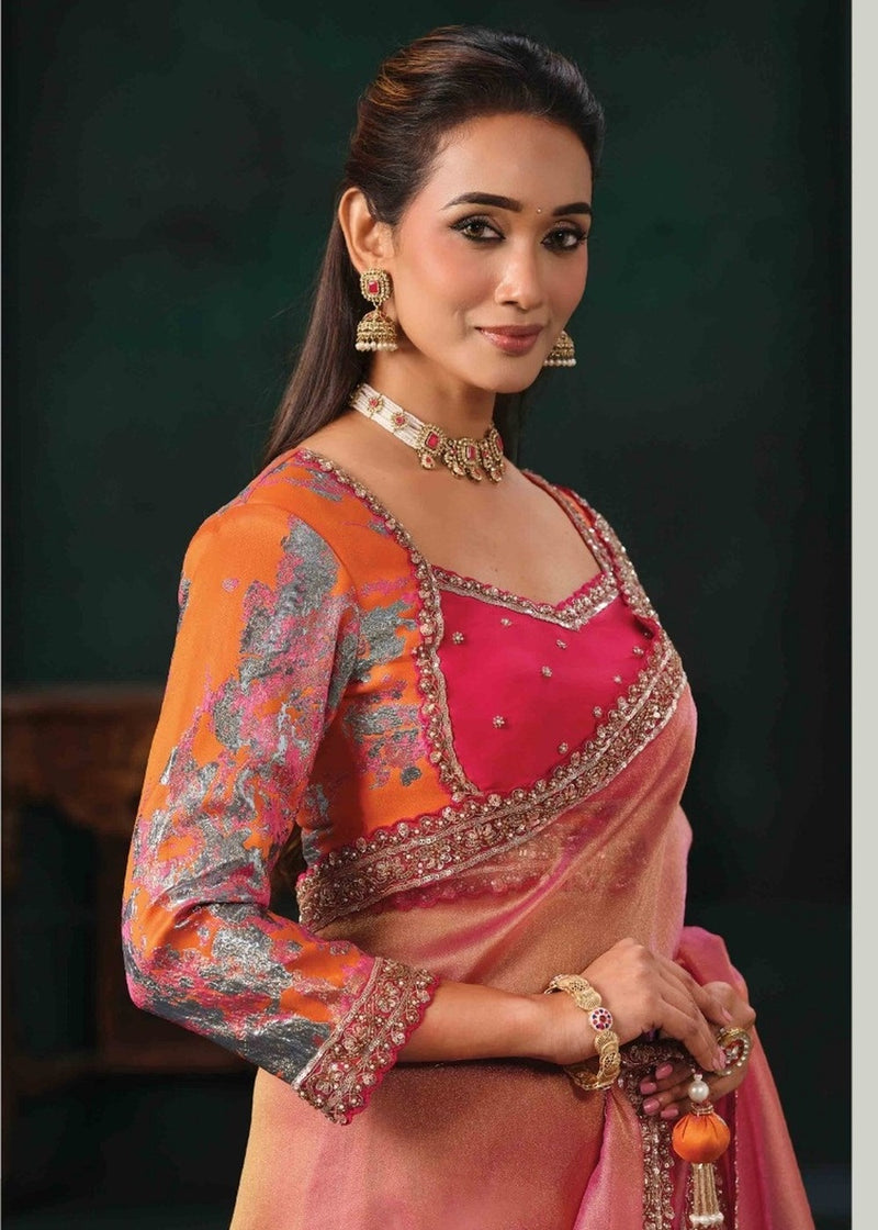 Nayoora Peach Pink Zari Organza Satin Saree with Embroidered Blouse