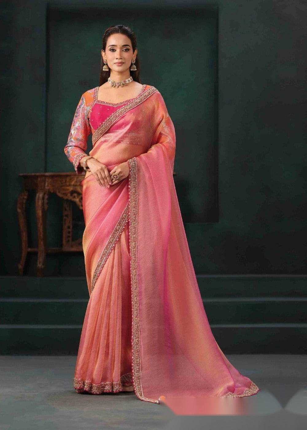 Nayoora Peach Pink Zari Organza Satin Saree with Embroidered Blouse