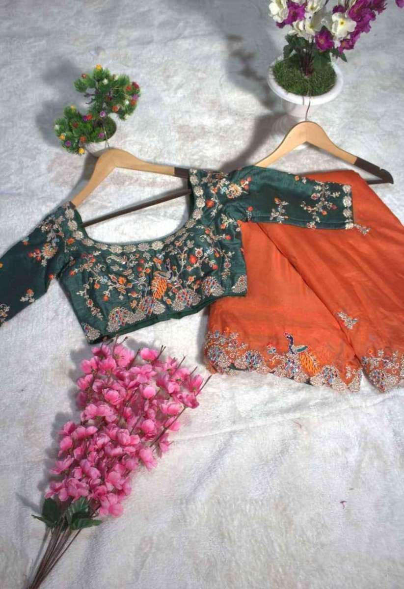 Nayoora Amber Bloom organza mirror saree set: orange saree with green floral blouse