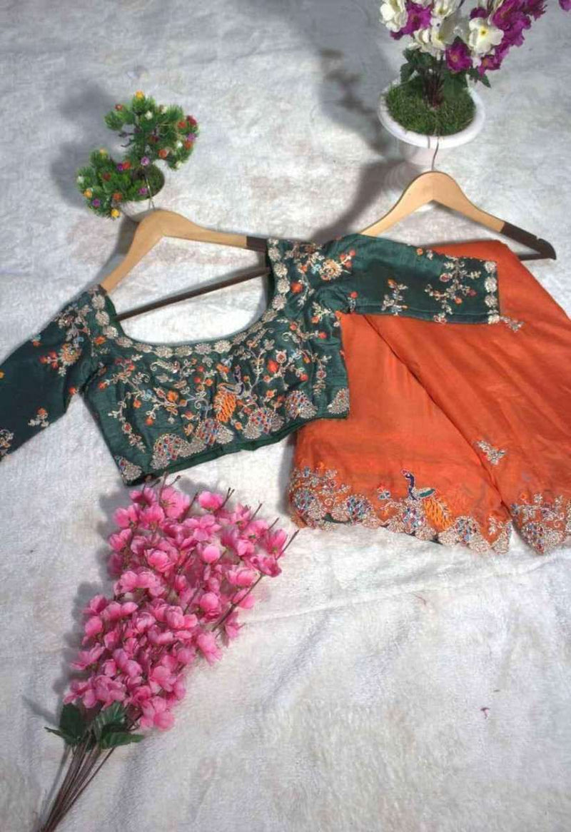 Nayoora Amber Bloom organza mirror saree set: orange saree with green floral blouse