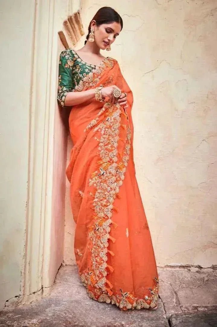 Organza mirror saree on model, orange drape with dark green floral blouse and ornate border